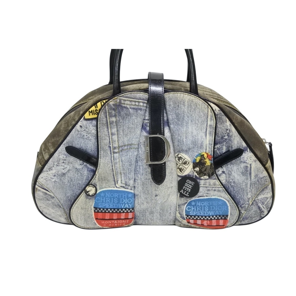 Dior Boston Black Saddle Blue  Double CHRISTIAN Bag Denim Multicolor